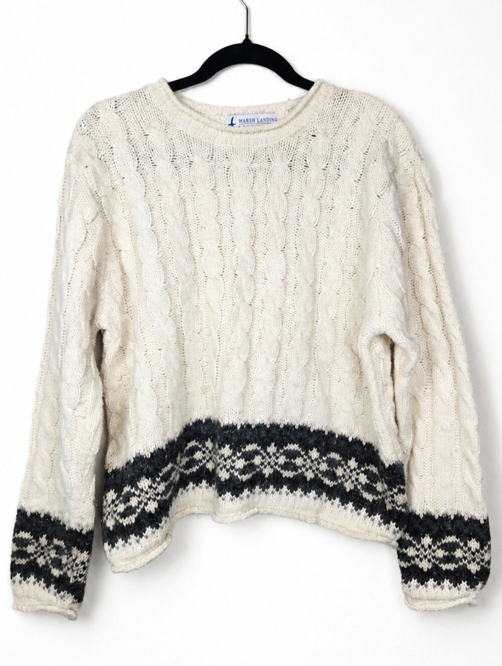 Vintage 90s Marsh Landing Fair Isle Cable Knit Sweater Large Cottagecore Cozy